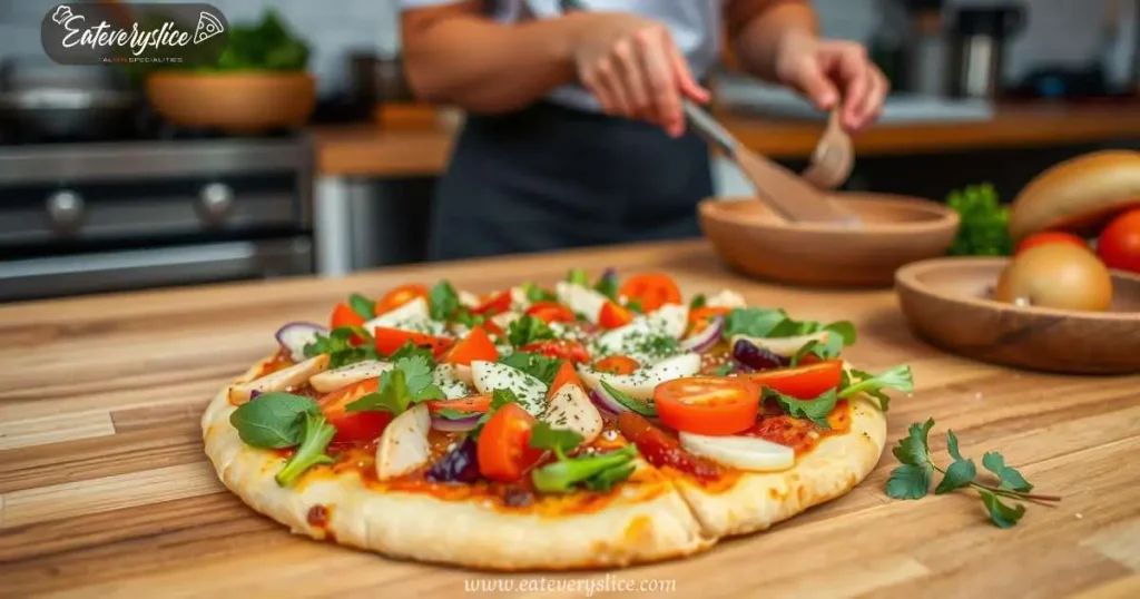 Eat Every Slice A colorful, low-carb chicken crust pizza topped with fresh vegetables, cheese, and herbs on a wooden kitchen counter