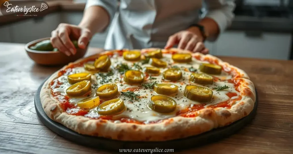 Eat Every Slice A gourmet pizza topped with vibrant green pickles, melted cheese, and a sprinkle of herbs, set on a rustic wooden table