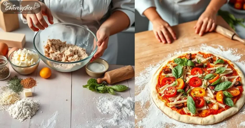 Eat Every Slice A vibrant kitchen scene showcasing a woman chef preparing a pizza crust using canned chicken, surrounded by ingredients like cheese