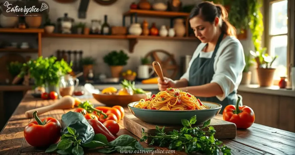 Eat Every Slice Italian kitchen filled with fresh ingredients, a woman chef skillfully preparing a classic spaghetti dish, colorful vegetables and herbs