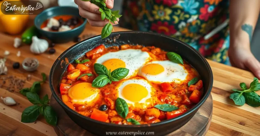 Eat Every Slice Italian shakshuka nestled in a rustic cast-iron skillet italian shakshuka