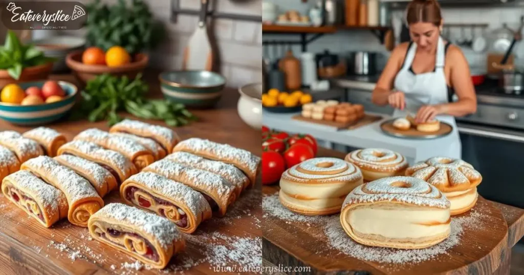 Eat Every Slice authentic Italian pastries displayed on a rustic wooden table, featuring cannoli, tiramisù, sfogliatelle, and baci di dama