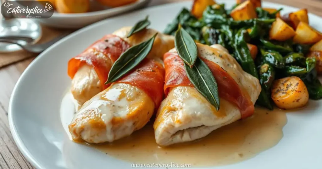 Eat Every Slice beautifully plated dish of chicken saltimbocca, featuring tender chicken breasts wrapped in prosciutto and fresh sage leaves, drizzled with a light white wine sauce