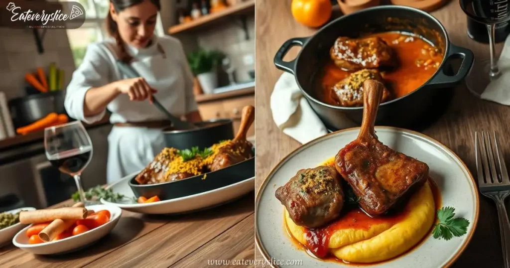 Eat Every Slice beautifully plated dish of osso buco, showcasing braised veal shanks with rich, golden gremolata on top