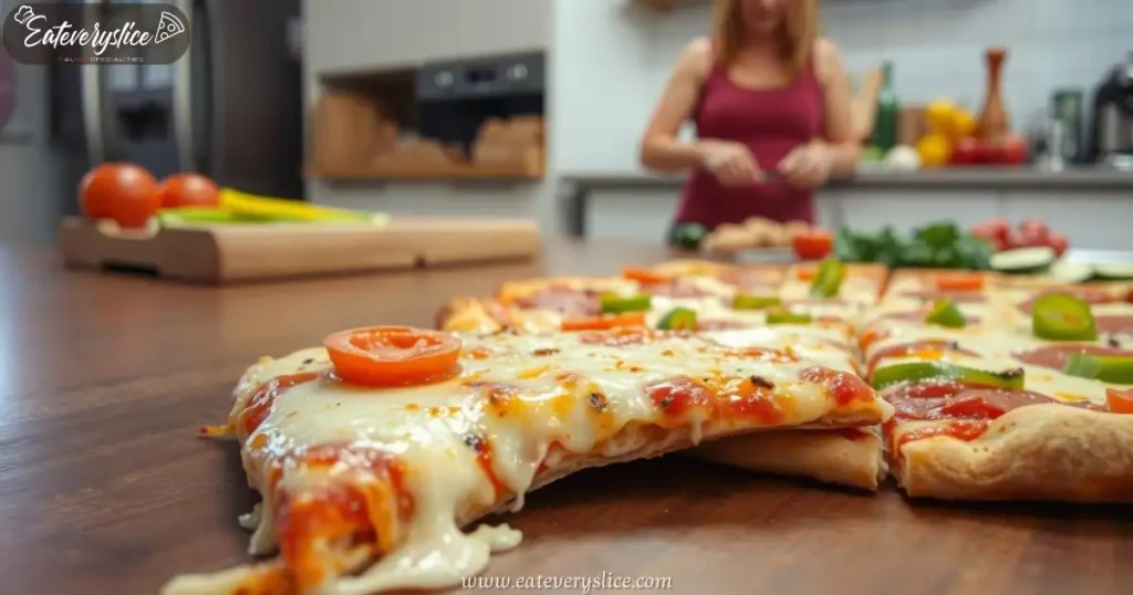 Eat Every Slice delicious Costco pizza slice on a wooden table, with melted cheese pulling apart, showcasing vibrant toppings like pepperoni and bell peppers