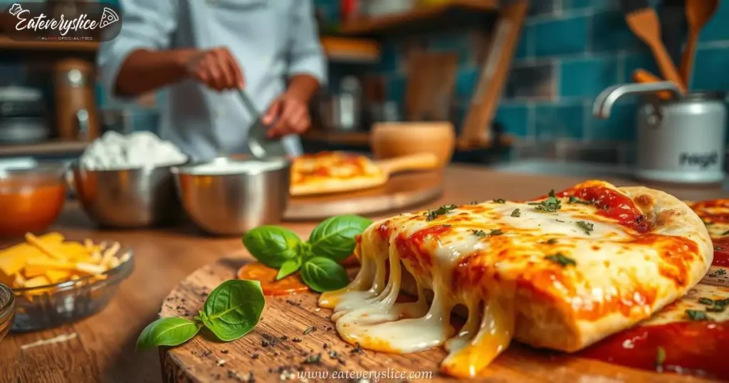 Eat Every Slice delicious, cheesy pizza slice with gooey cheese stretching, placed on a wooden table