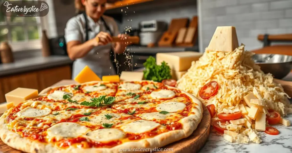 Eat Every Slice pizza cheeses arranged artfully on a wooden board, including mozzarella, cheddar, parmesan, and gorgonzola