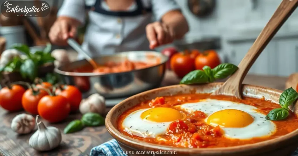 Eat Every Slice rustic kitchen scene featuring a vibrant dish of eggs poached in rich, savory tomato sauce, garnished with fresh basil and served in a traditional ceramic bowl