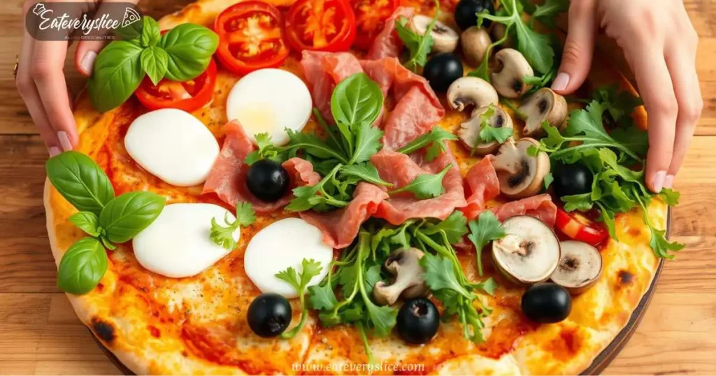 Eat every slice An assortment of authentic Italian pizza toppings displayed artistically, including fresh basil leaves, ripe tomatoes