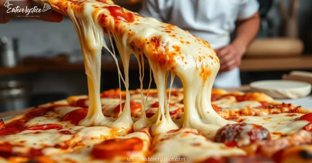 Eat Every Slice A close-up of a freshly baked pizza with gooey, melted cheese stretching dramatically from the slice being pulled away