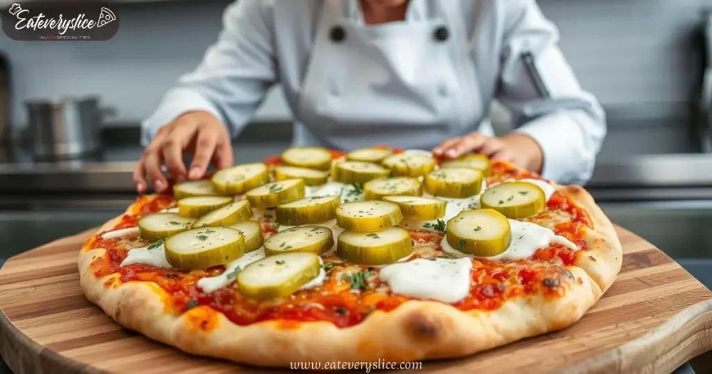 Eat Every Slice A gourmet pickle pizza, topped with bright green dill pickles, creamy ranch dressing, tangy cheese, and fresh herbs