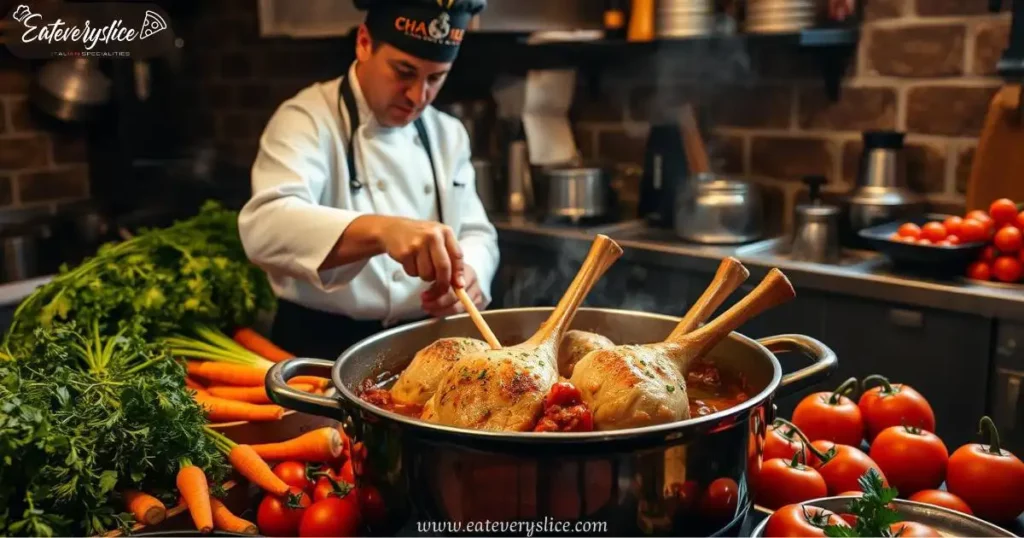 Eat Every Slice A rustic Italian kitchen filled with the aromas of simmering osso buco, a chef carefully seasoning veal shanks in a traditional pot