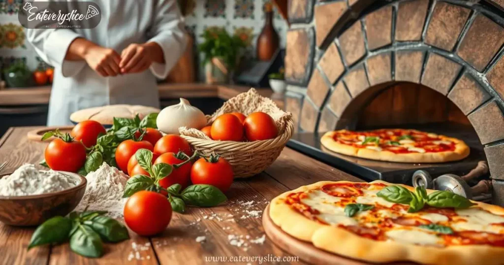 Eat Every Slice A vibrant Italian kitchen scene, showcasing a rustic wooden table filled with fresh ingredients for authentic pizza