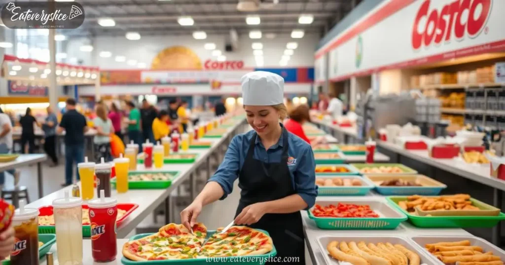 Eat Every Slice Costco food court scene filled with long tables and colorful food trays, showcasing a variety of dishes including a large pizza slice, soft drinks