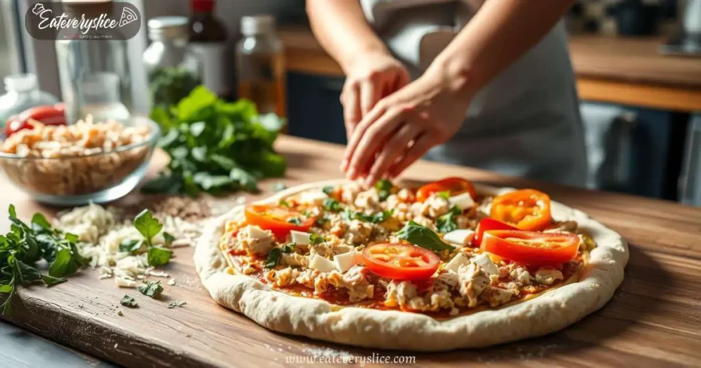 Eat Every Slice Healthy chicken pizza crust recipe, vibrant ingredients laid out on a wooden countertop, fresh herbs, shredded chicken, cheese, and spices