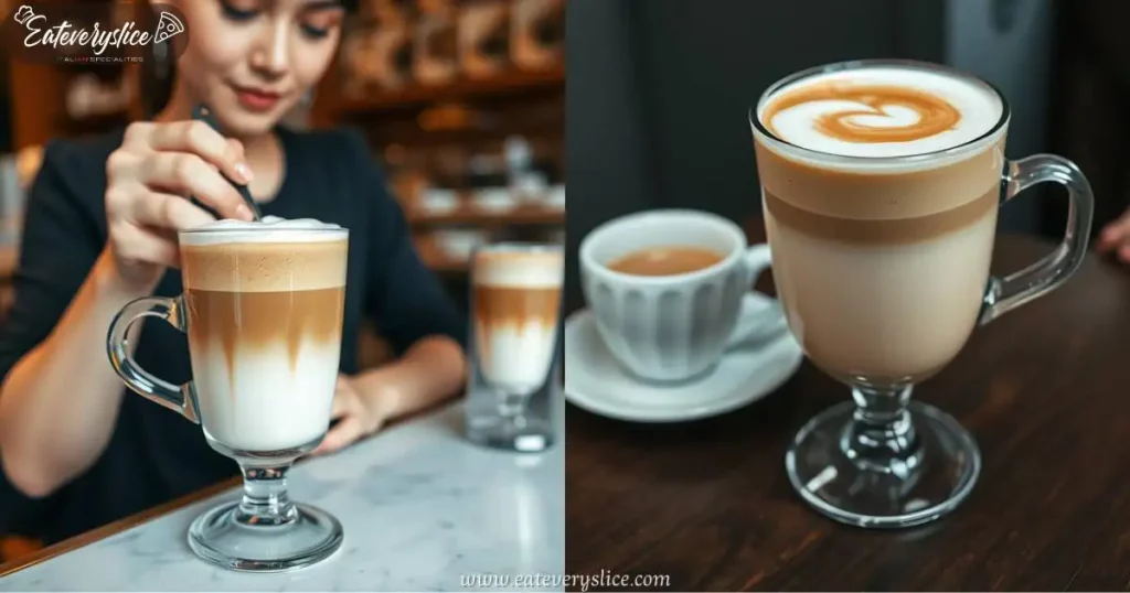 Eat Every Slice Side-by-side comparison of cappuccino and latte, showcasing their distinct layers of foam and milk, with a woman expertly preparing the drinks