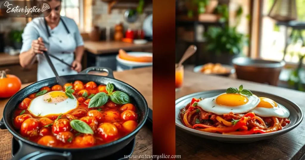 Eat Every Slice Traditional Italian shakshuka in a rustic kitchen setting, vibrant tomatoes simmering in olive oil