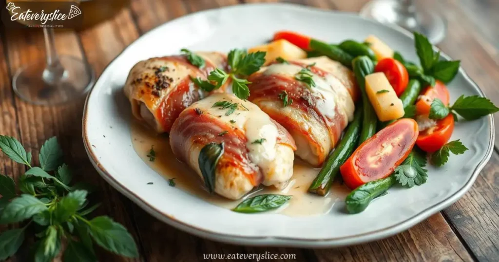 Eat Every Slice beautifully arranged plate of chicken saltimbocca, succulent chicken breasts wrapped with sage leaves and prosciutto