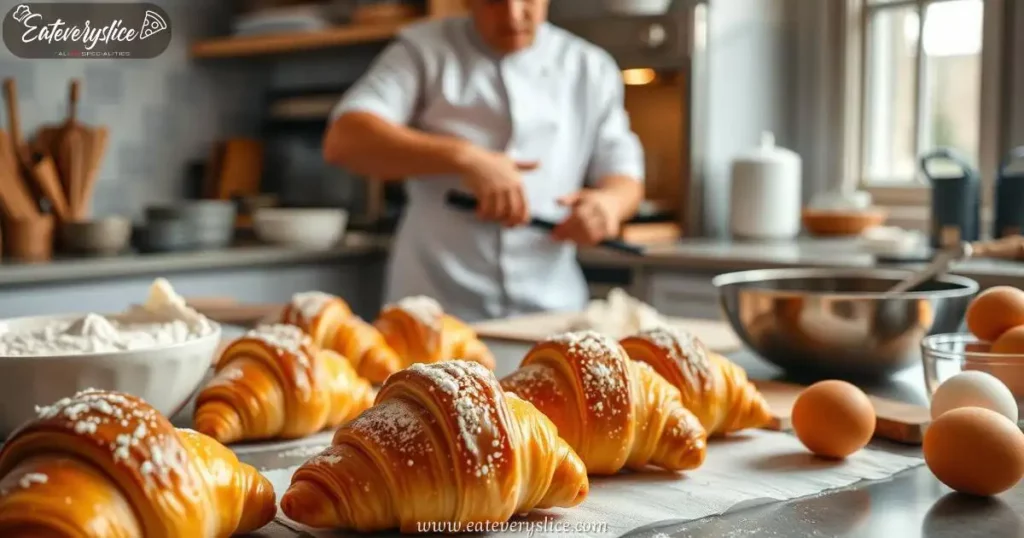 Eat Every Slice chef skillfully preparing Italian croissants, with ingredients like flour, butter, and eggs