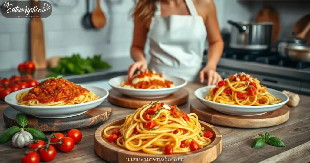 Eat Every Slice classic pasta dishes, featuring spaghetti with marinara sauce, fettuccine Alfredo, and penne arrabbiata