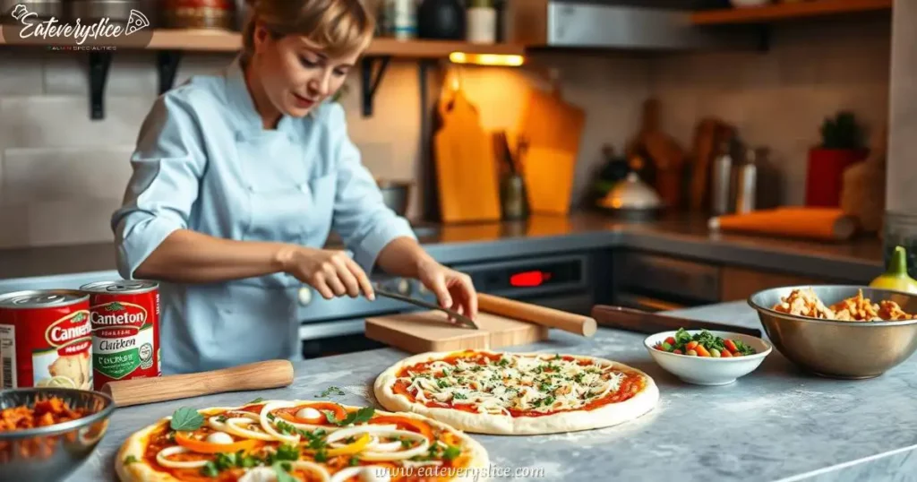 Eat Every Slice kitchen scene featuring a woman chef skillfully preparing a canned chicken pizza crust, with ingredients like canned chicken, cheese