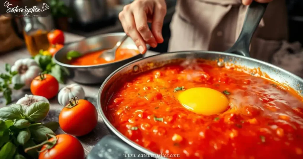 Eat Every Slice rustic kitchen scene with a chef stirring a vibrant red tomato sauce in a skillet, fresh ingredients like garlic, basil, and olive oil on the counter, eggs gently