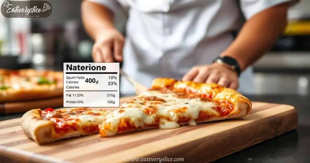 Eat Every Slice showcasing the melty cheese and crispy crust, with an elegant layout of nutrition facts around the slice