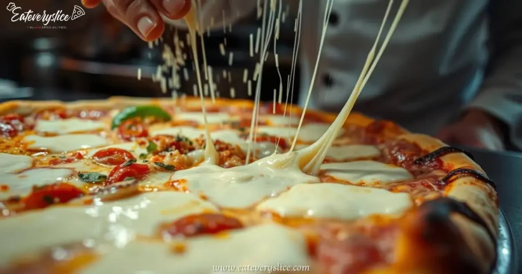 Eat Every Sliec melted mozzarella cheese stretching over a freshly baked pizza