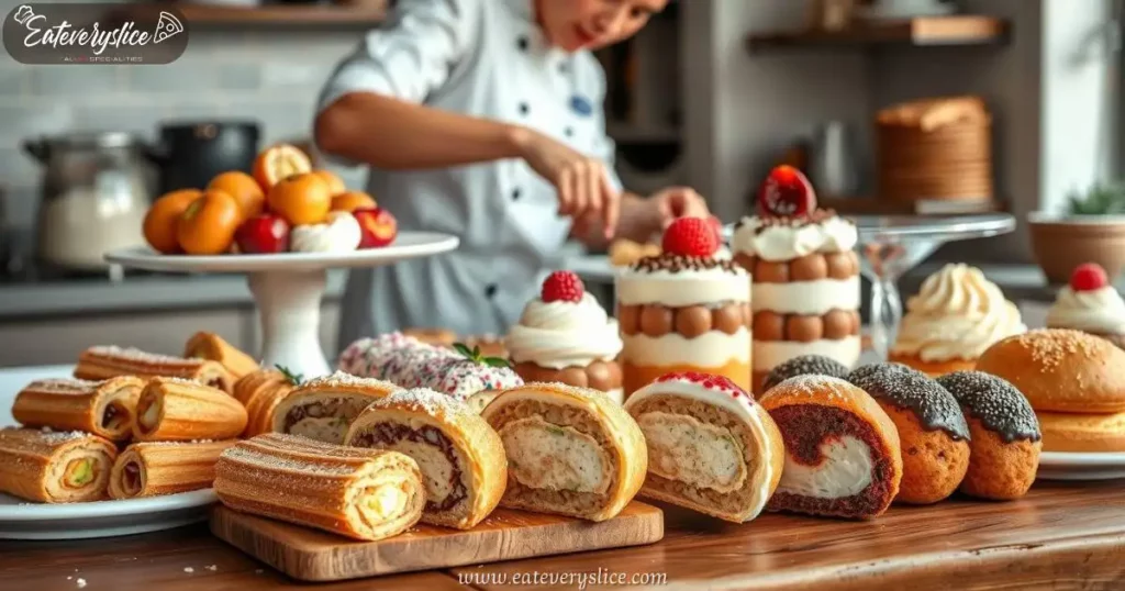 Eat very Slice Italian pastry display featuring an array of colorful pastries like cannoli, tiramisu, and bomboloni on a rustic wooden table, with a woman chef skillfully assembling