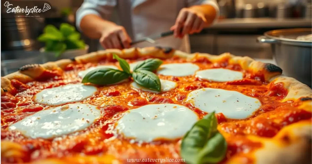 Eat Every Slice A close-up of a fresh mozzarella cheese pizza, golden crust, bubbling cheese, vibrant tomato sauce, garnished with fresh basil leaves