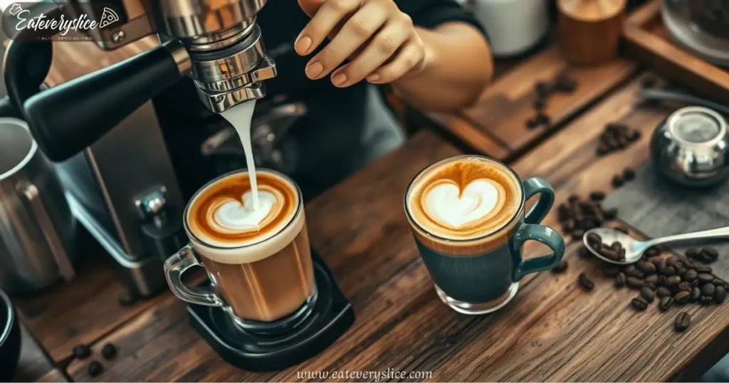 Eat Every Slice A cozy coffee shop scene with a woman expertly brewing a cappuccino, steam rising from the espresso machine; rich, frothy milk being poured into a cup