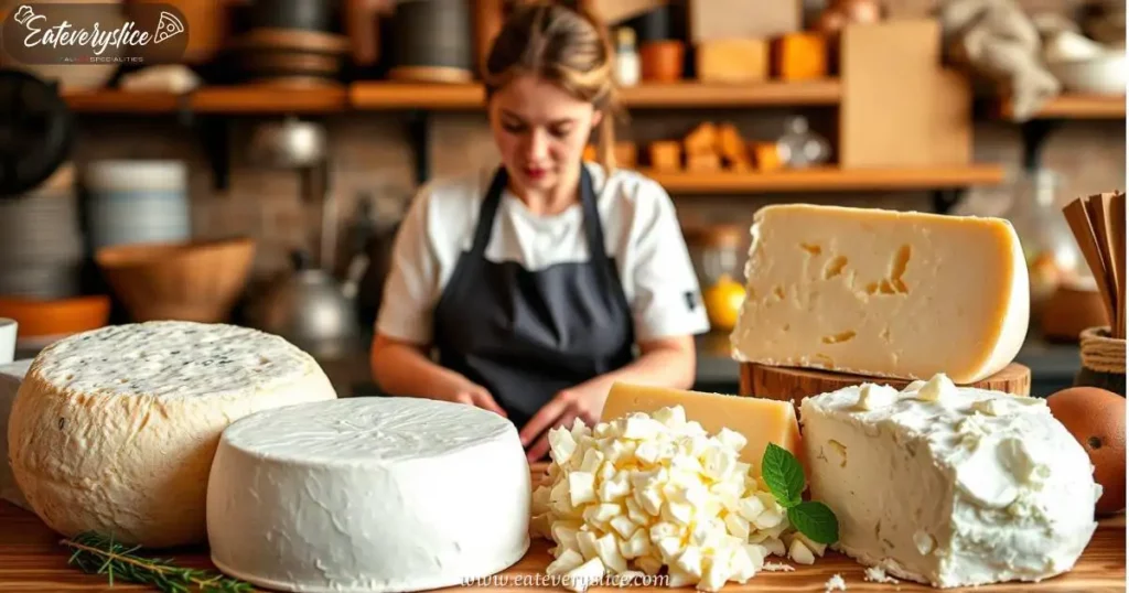 Eat Every Slice A variety of cheeses ideal for pizza displayed artistically, featuring mozzarella, parmesan, cheddar, gorgonzola, and ricotta