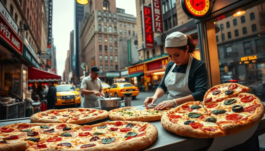 Eat Every Slice A vibrant, bustling New York City street scene featuring a classic NYC pizzeria, with a variety of pizza slices displayed prominently