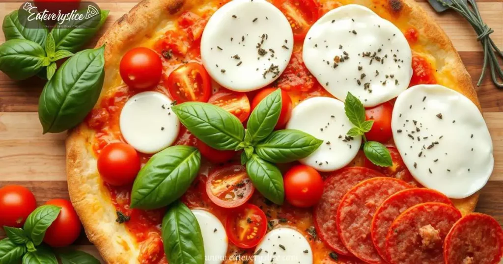 Eat Every Slice A vibrant flat lay of classic Italian pizza toppings, including fresh basil leaves, juicy cherry tomatoes