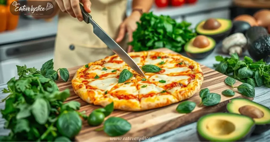 Eat Every Slice A vibrant kitchen scene featuring a woman preparing a low-carb chicken crust pizza, surrounded by fresh vegetables, cheese, and herbs