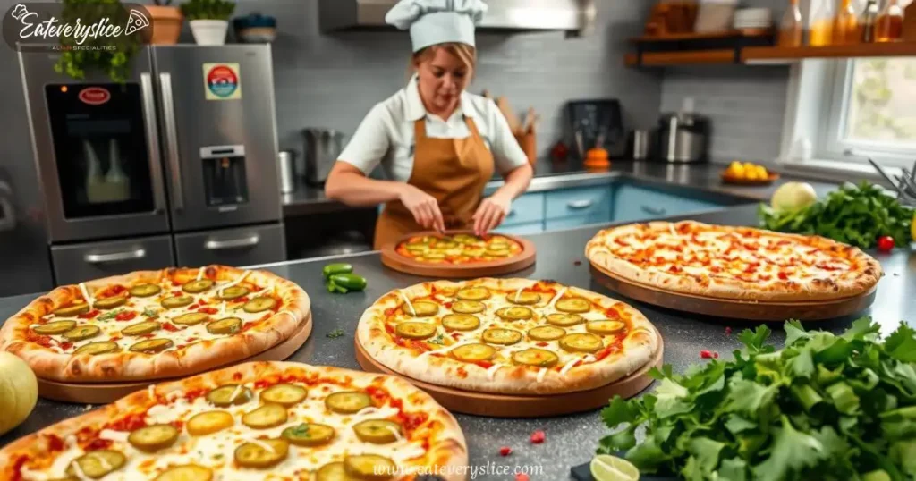 Eat Every Slice A vibrant kitchen scene showcasing an array of pickle pizza variations, including a classic dill pickle and cheese pizza