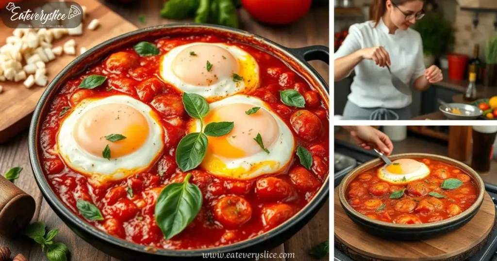 Eat Every Slice An authentic Italian shakshuka, featuring vibrant red tomato sauce with fresh basil and garlic, perfectly poached eggs on top