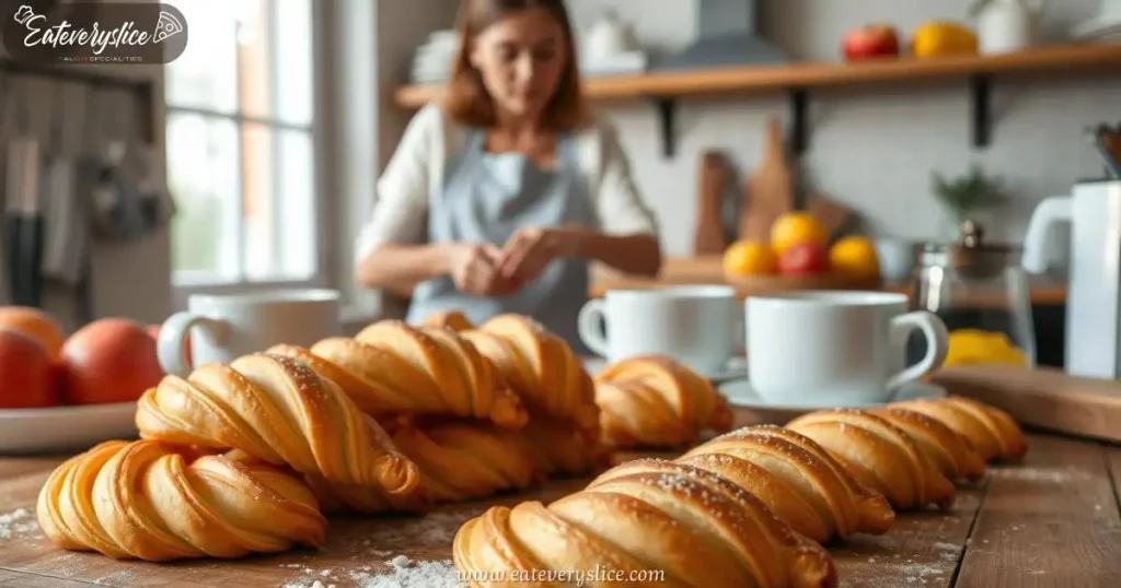 Eat Every Slice Eat Every Slice chef skillfully preparing Italian croissants, with ingredients like flour, butter, and eggs