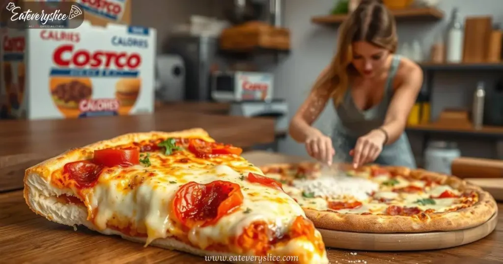 Eat Every Slice delicious slice of Costco pizza with melted cheese and vibrant toppings, on a wooden table, calories visualized as colorful graphics around it