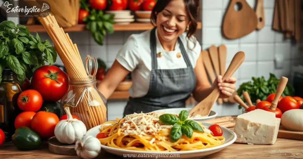 Eat Every Slice essential Italian ingredients, including pasta, tomatoes, olive oil, garlic, fresh basil, and Parmesan cheese; a woman chef joyfully preparing a traditional Italian di