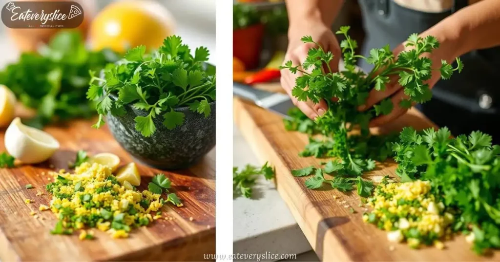 Eat Every Slice fresh gremolata mixture, showcasing bright green parsley, finely grated lemon zest, and garlic on a rustic wooden cutting board