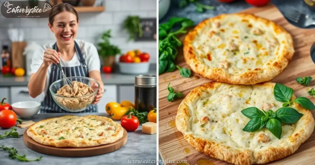 Eat Every Slice high-protein pizza crust made from canned chicken, emphasizing the texture and ingredients