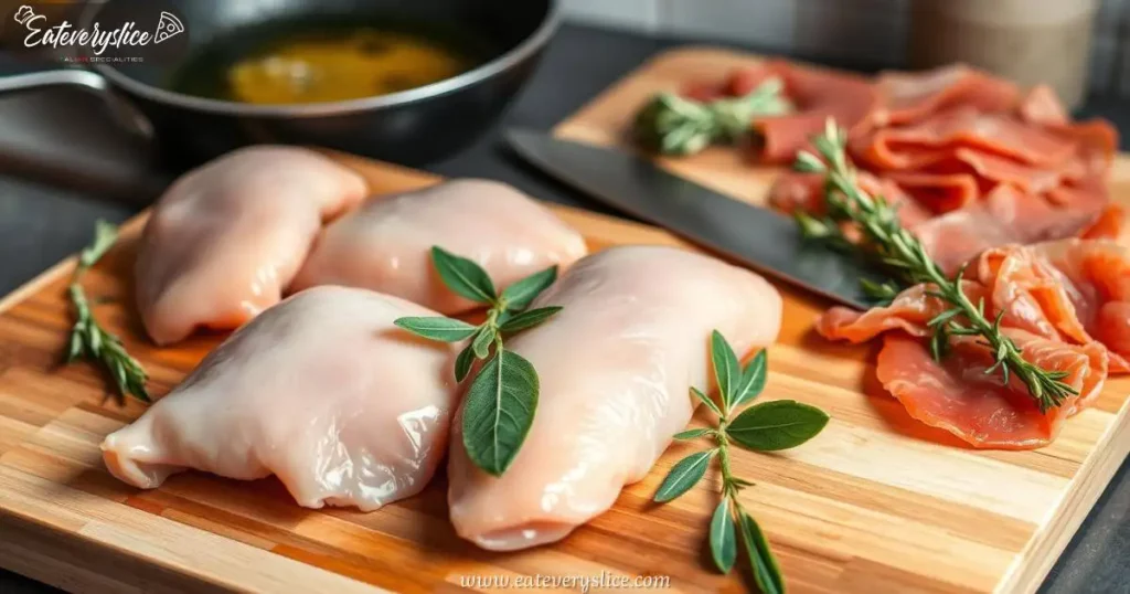 Eat Every Slice raw chicken breasts, fresh sage leaves, thinly sliced prosciutto, a sharp chef's knife, a frying pan with olive oil