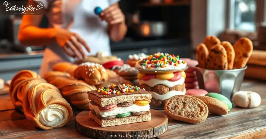 Eat Every Slice various famous Italian pastries on a rustic wooden table, featuring canoli with creamy filling, tiramisu with layers showcased, and colorful macarons alongside freshly