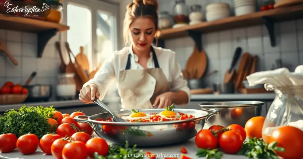 Eat Every Slice woman chef skillfully preparing a traditional Italian dish of eggs in tomato sauce