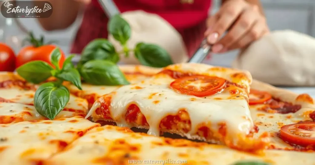 Eat Every Slie cheese pizza slice with melted cheese and golden crust, surrounded by fresh ingredients like tomatoes and basil