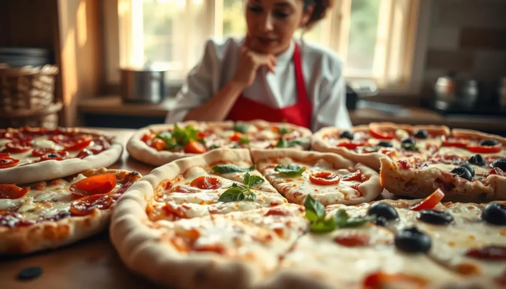 Eat Every Slice A close-up of various pizza crusts arranged on a wooden table, showcasing thin crust, thick crust, and stuffed crust