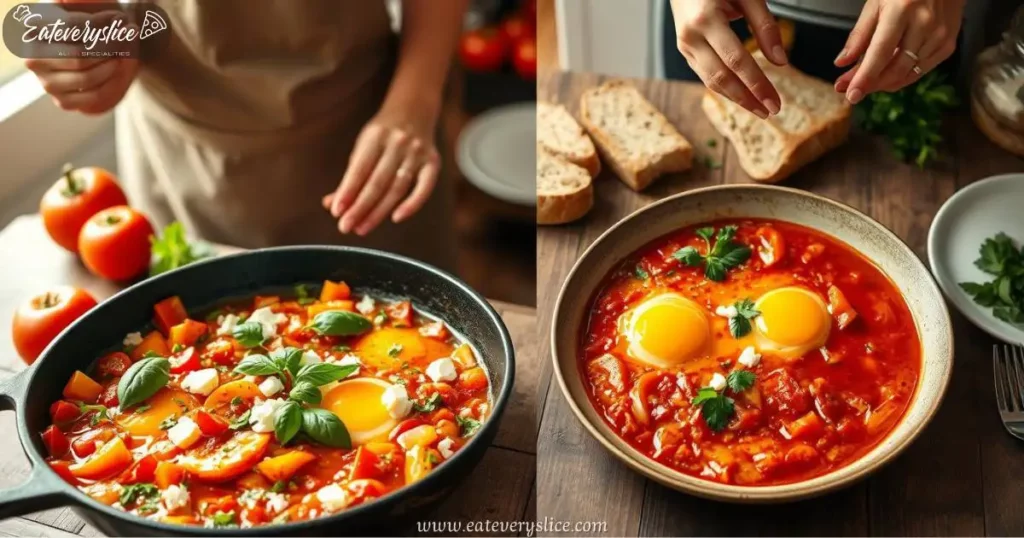 Eat Every Slice A rustic kitchen setting featuring vibrant ingredients for Italian shakshuka, including ripe tomatoes, bell peppers, onions, and herbs in a cast iron skillet