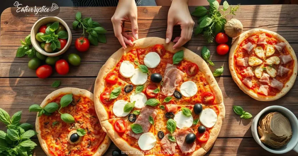 Eat Every Slice A rustic wooden table filled with various traditional Italian pizza toppings, including fresh basil leaves