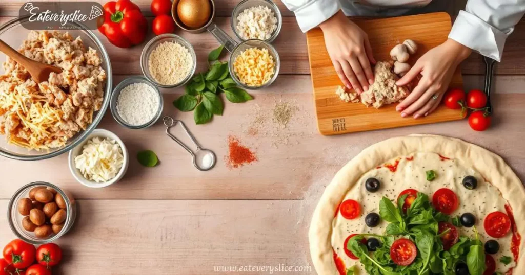 Eat Every Slice A tabletop scene showcasing vibrant ingredients for chicken crust pizza, including ground chicken, shredded mozzarella cheese